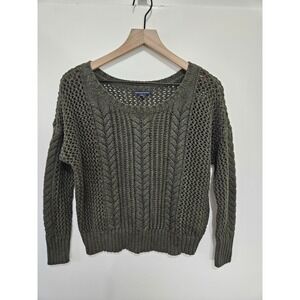 American Eagle Olive Green Cable Knit Open Stitch Crochet Sweater Womens Medium
